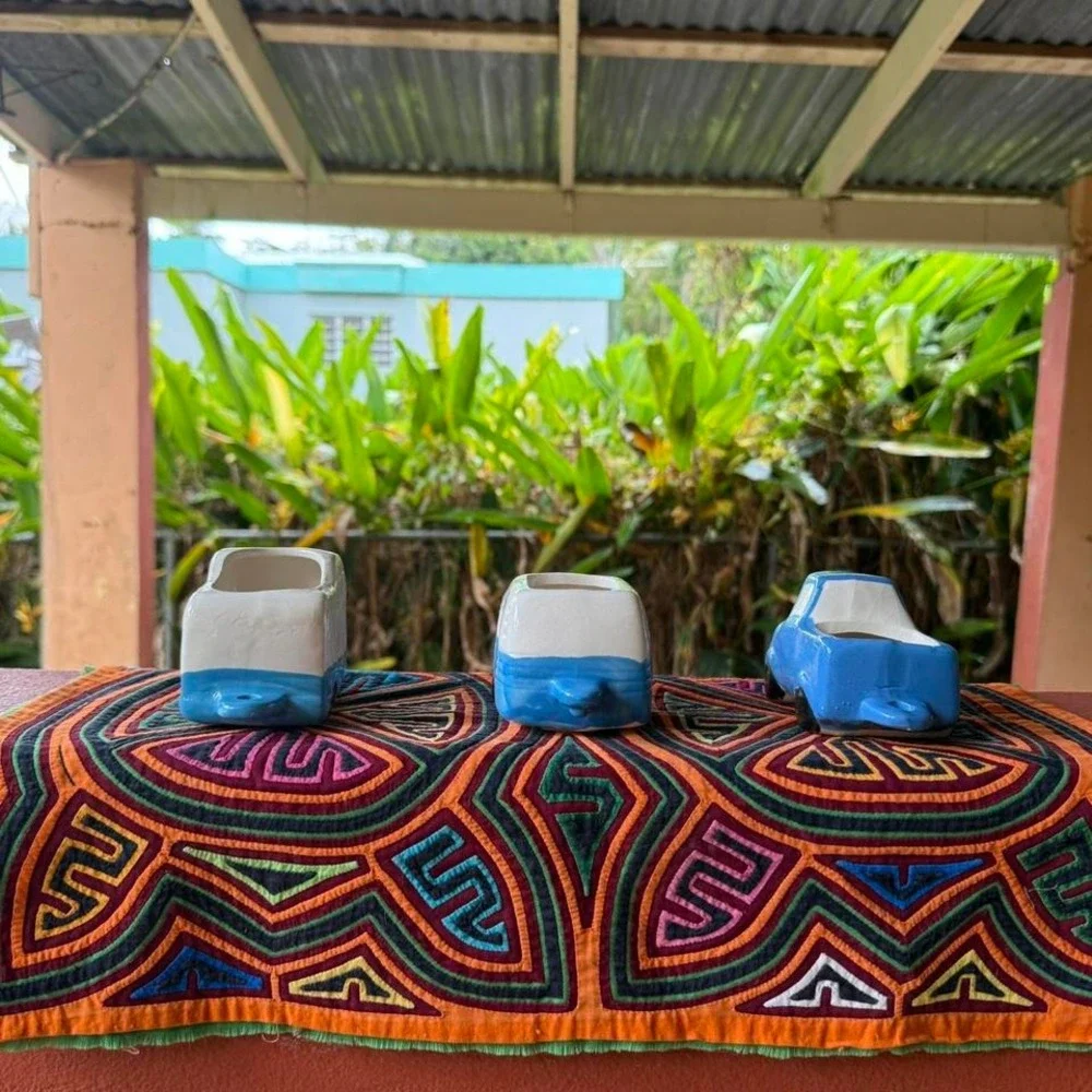Set of 3 Ceramic RV‎ Camper Planters Blue White Vintage Style